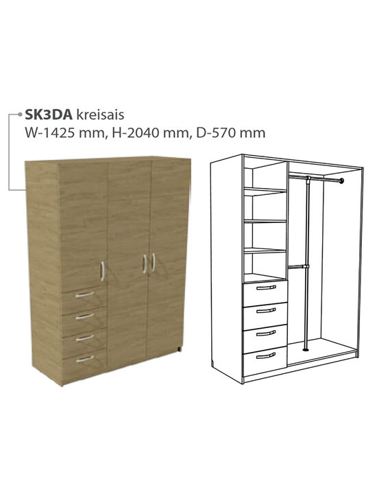 Trīsdurvju skapis ar atvilktnēm, plauktiem un karināmo daļu